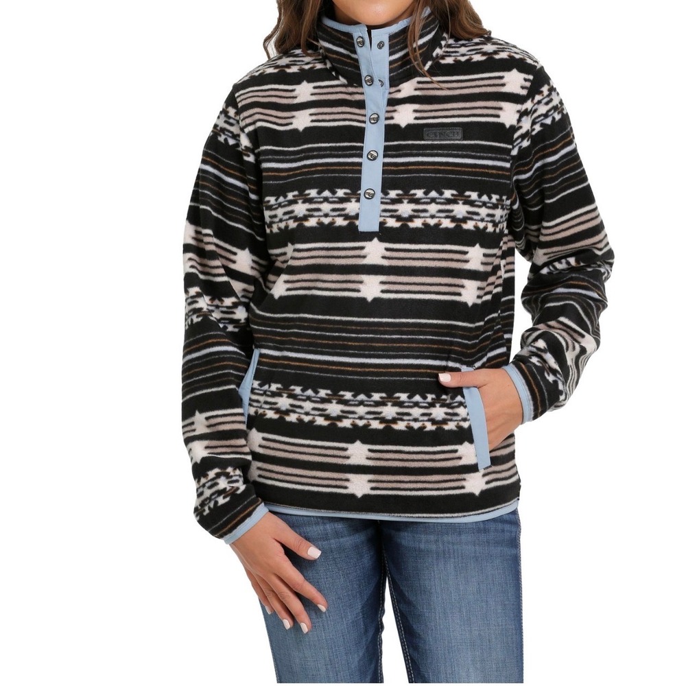 Cinch Polar Fleece Pullover Women L Black Aztec Southwest Snap Mock Neck Hiking